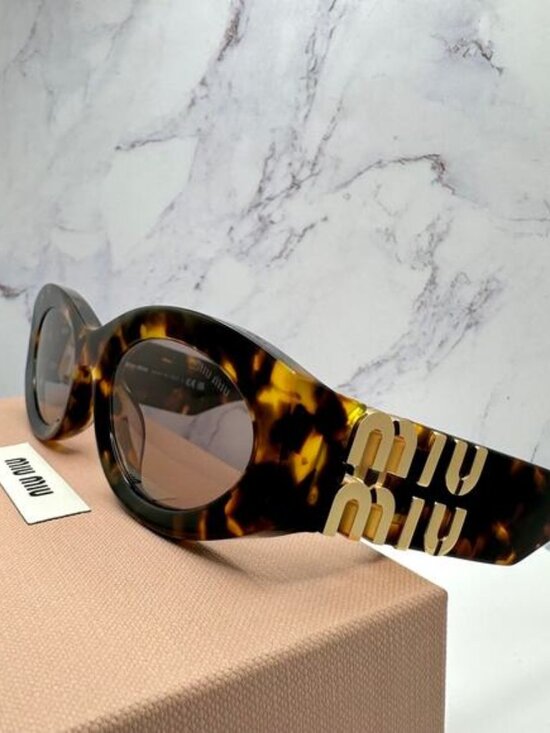 New MIU MIU Sunglasses Brown Tortoise Shell Oval Acetate Gold Logo Italy main image 14